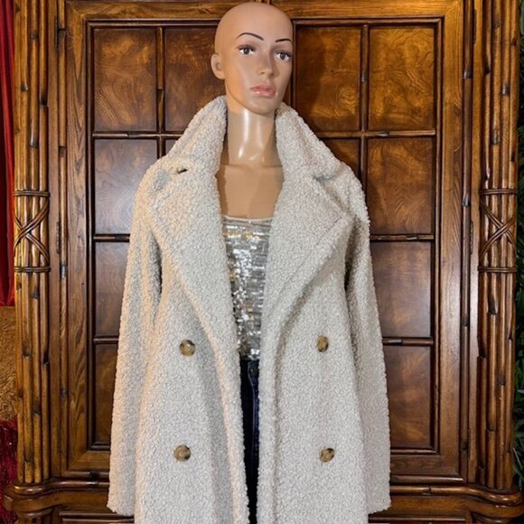 G by Giuliana Black Label Pale Gray Faux Shearling Teddy Double Breast Long Coat - Picture 6 of 15